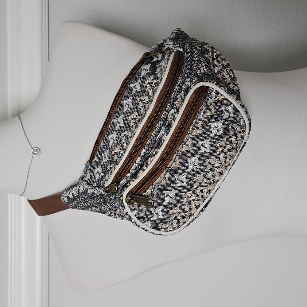 Claire's Boho Tribal Print Crossbody Fanny Pack Buckle Closure Brown Grey